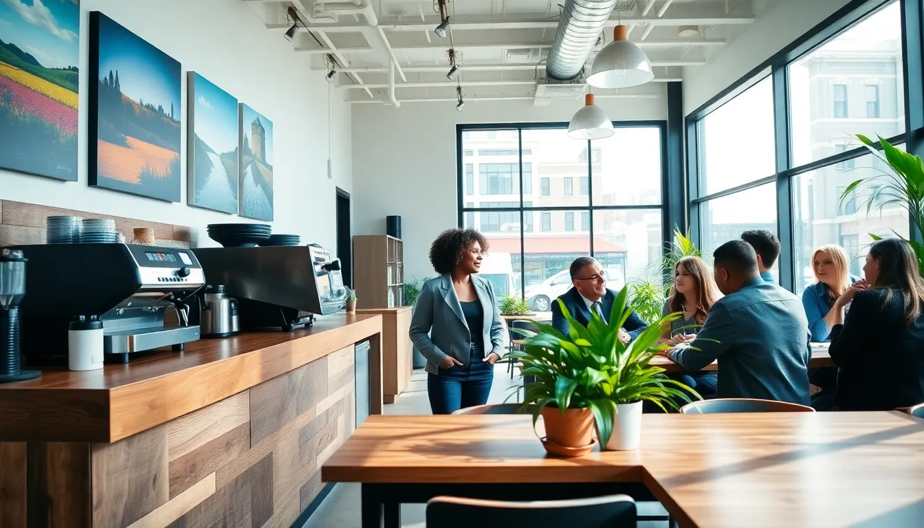 modern coffee shop interior with reclaimed wood counter and local artwork.