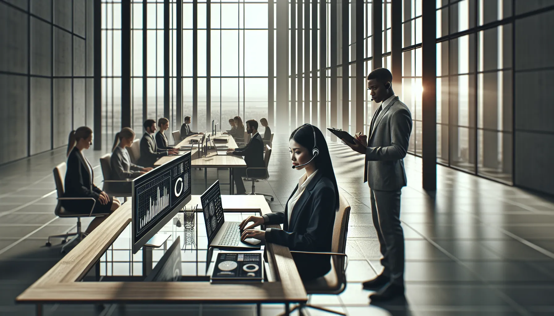 professionals in a modern office analyzing data and providing customer support.