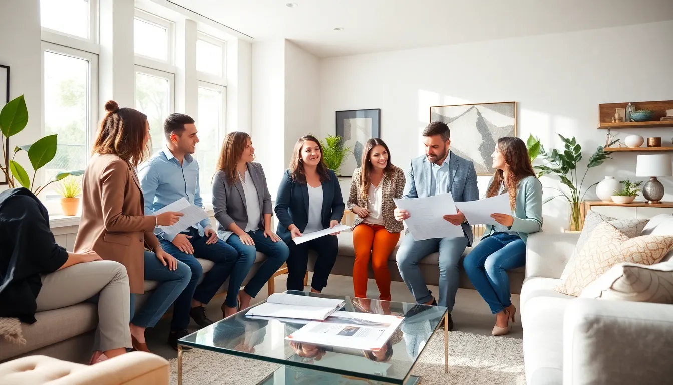 diverse group discussing home renovation ideas in a modern living room.