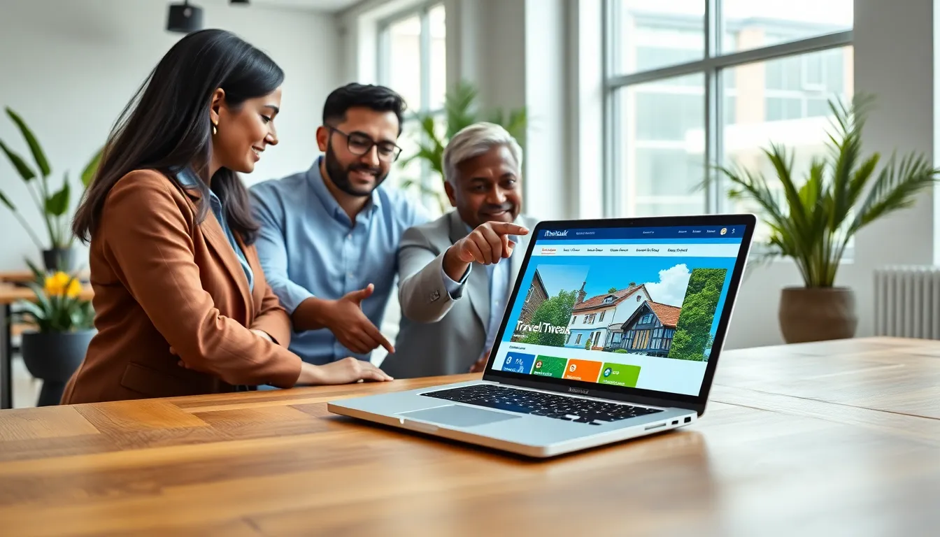 professionals discussing travel plans on a laptop in a bright office setting.