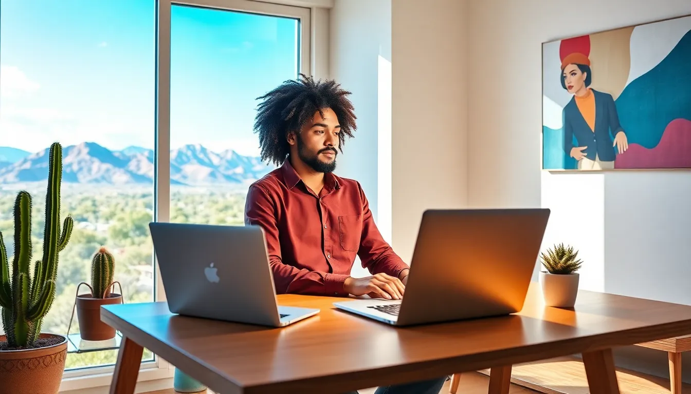 a professional working remotely in a modern Arizona home office.