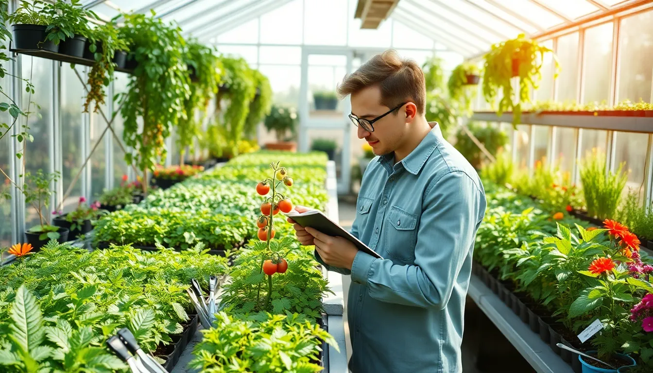 A beginner gardener inspecting plants inside a bright greenhouse.