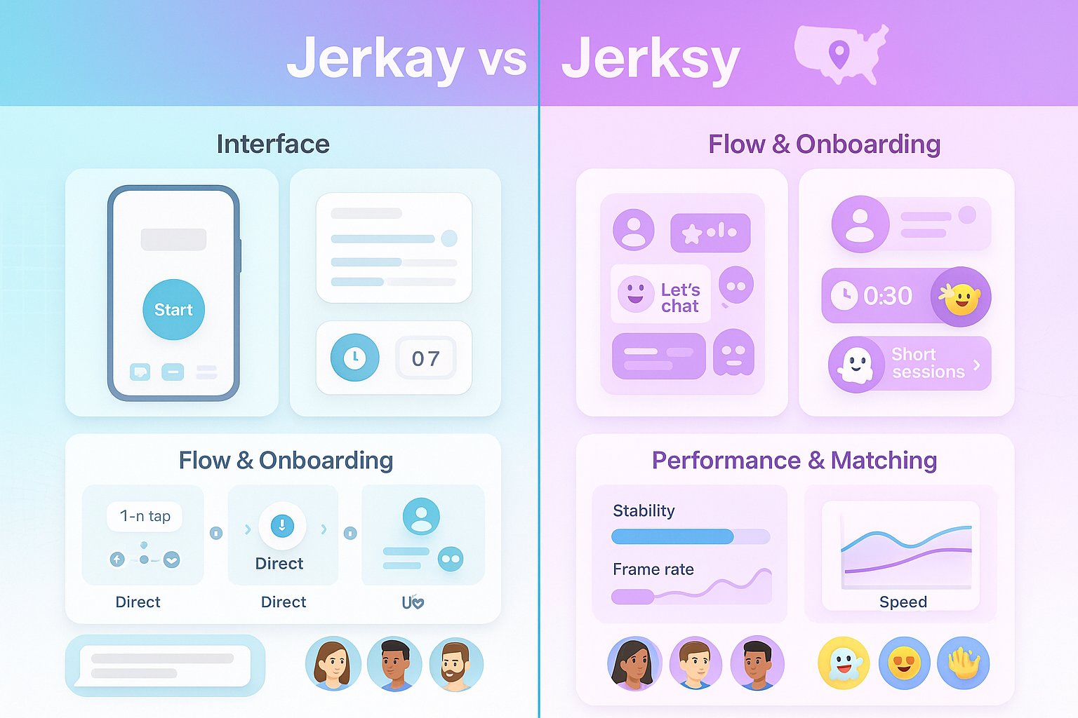 Two-column infographic comparing Jerkay (calm chats) and Jerksy (fast playful chats).