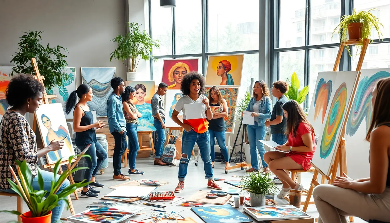 diverse artists collaborating in a bright, modern art studio.