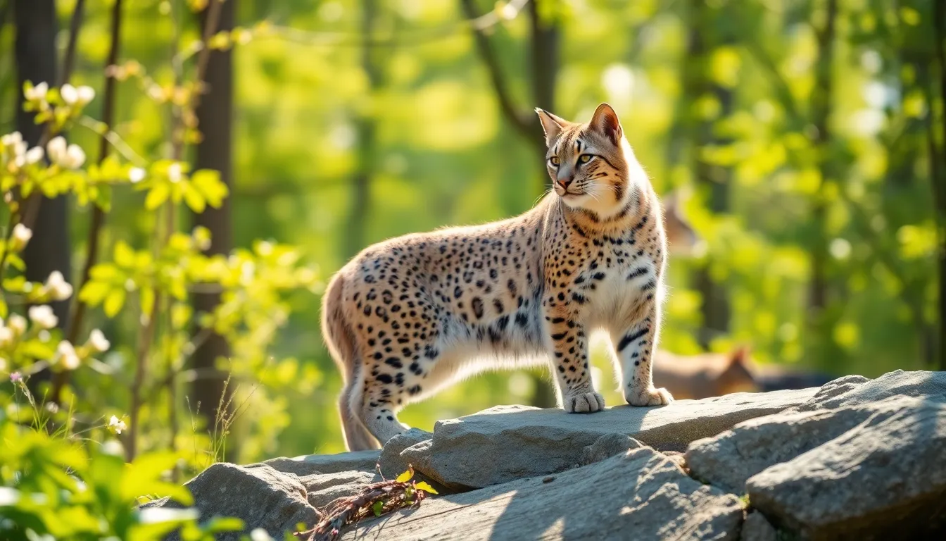 male bobcat vocalizing in a forest during breeding season.