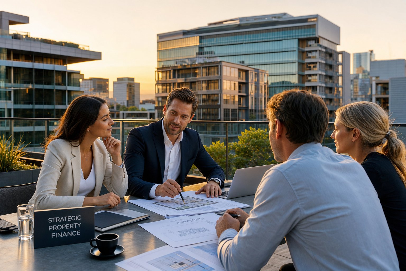 Professional commercial mortgage meeting on a rooftop overlooking modern office buildings at golden hour.