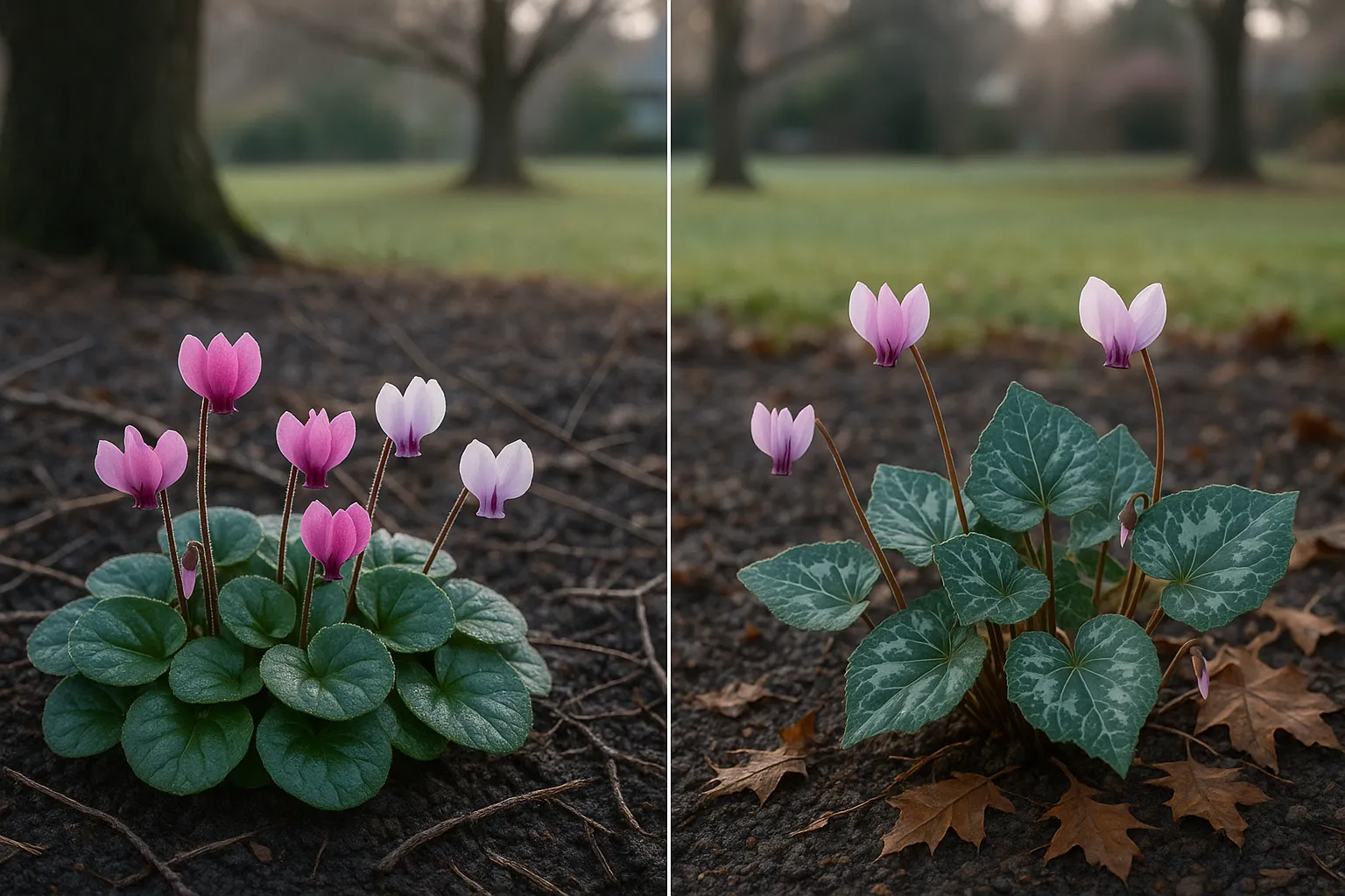 Two cyclamen plants side-by-side showing winter blooms and ivy-shaped leaves.