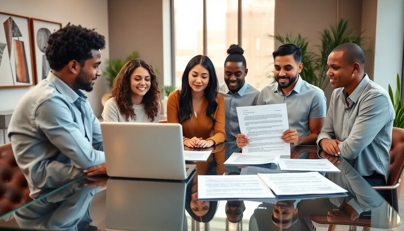 diverse professionals discussing a freelancer contract in an office.