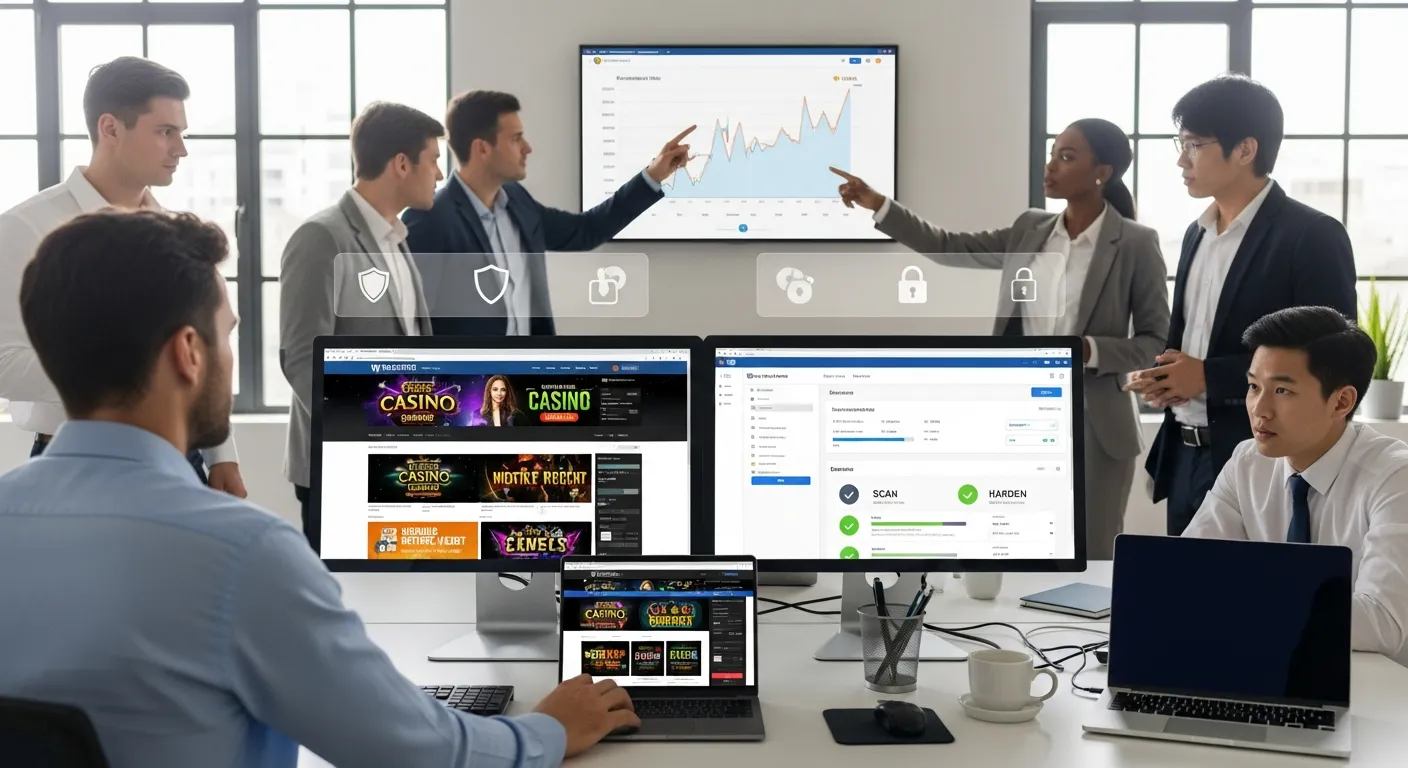 Team reviewing hacked WordPress site and cleaning malware in a modern office.