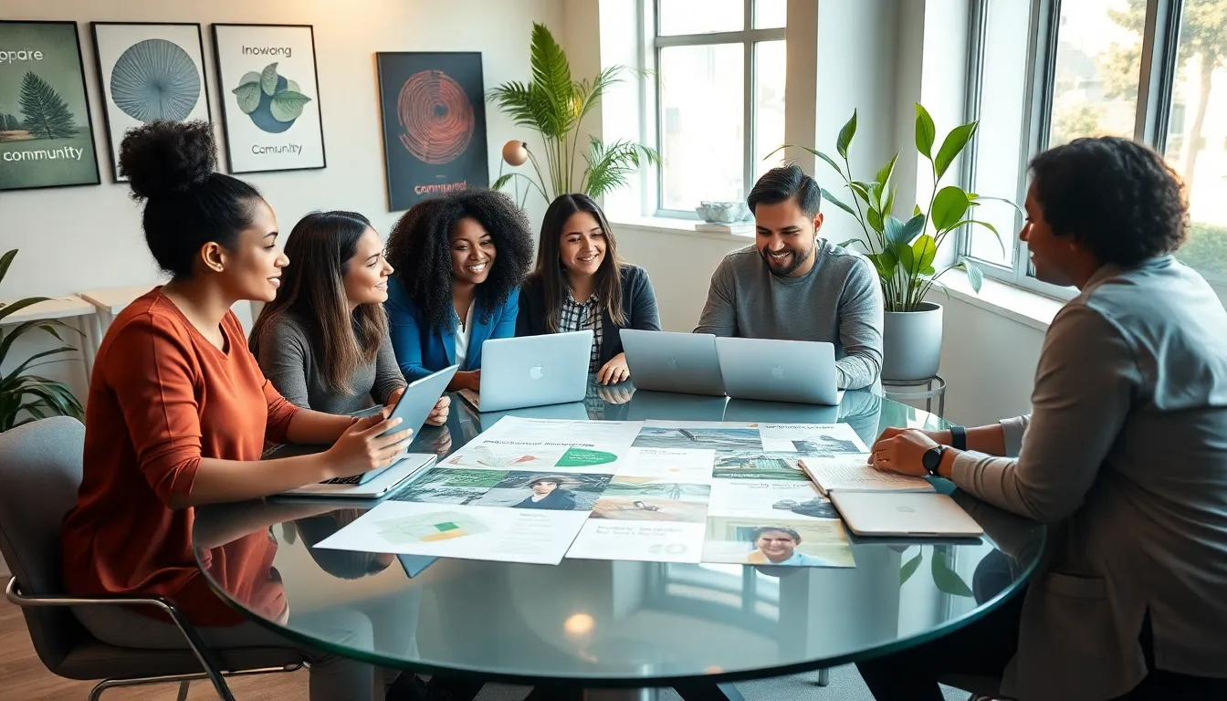 diverse team collaborating in a modern workspace on community projects.