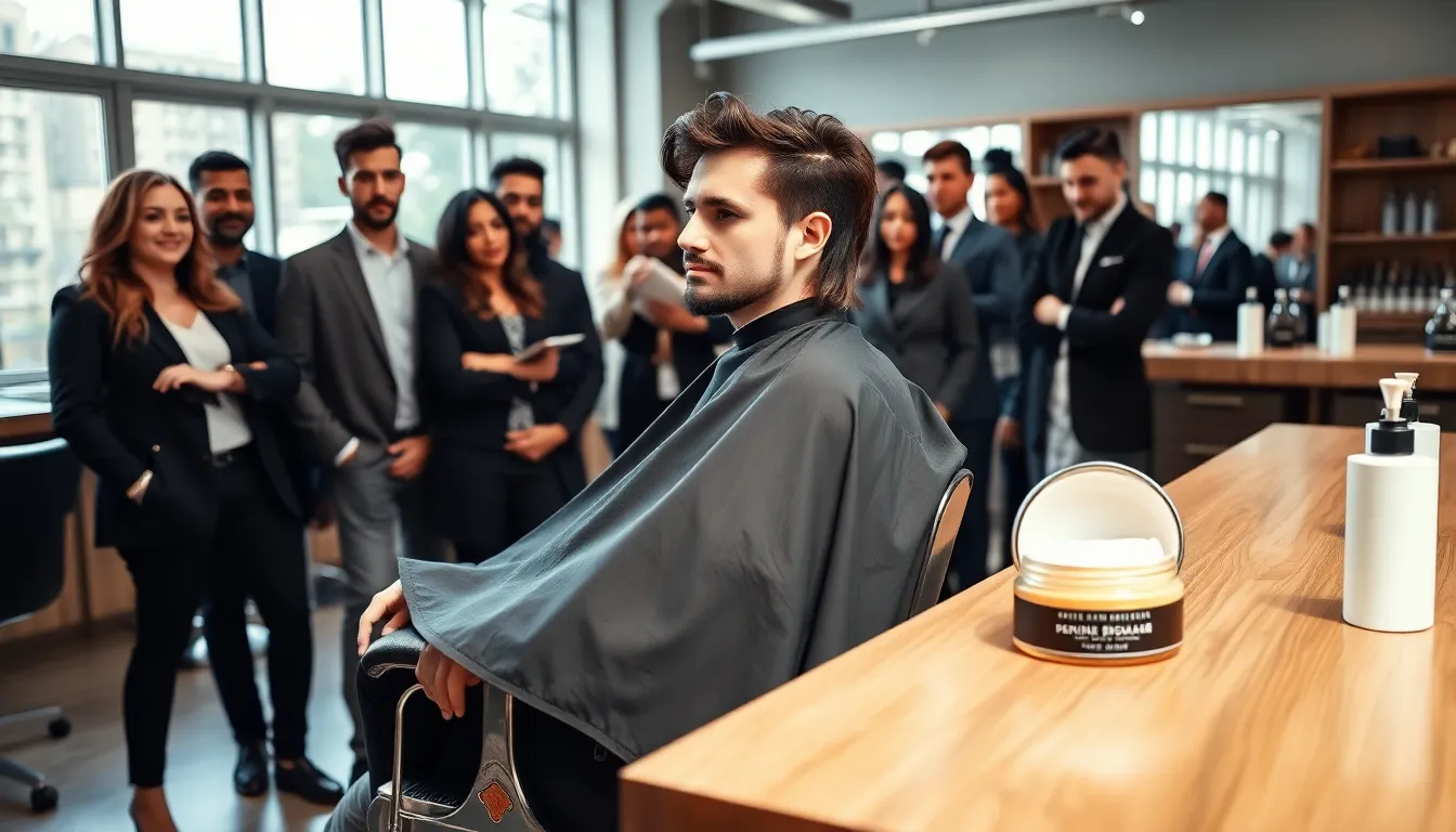 barber applying pomade to a customer's hair in a modern barbershop.