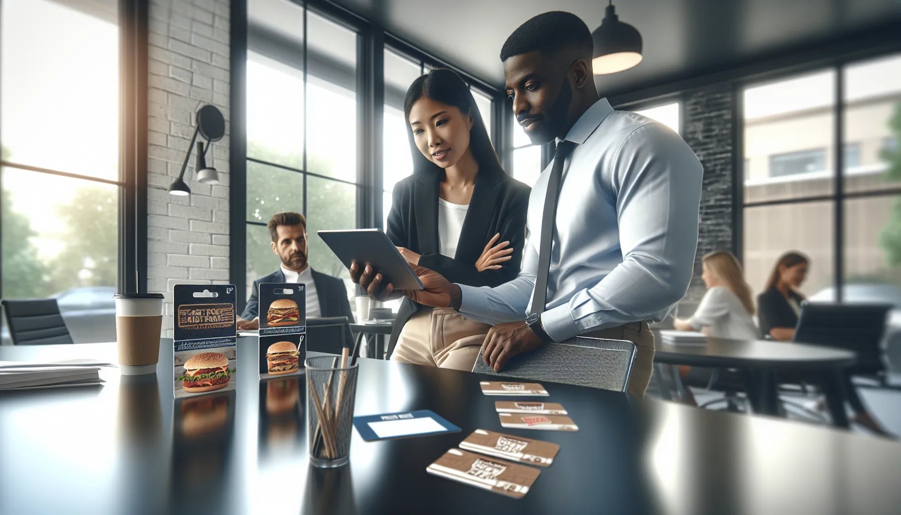 diverse team discussing In-N-Out gift card tips in a modern office.