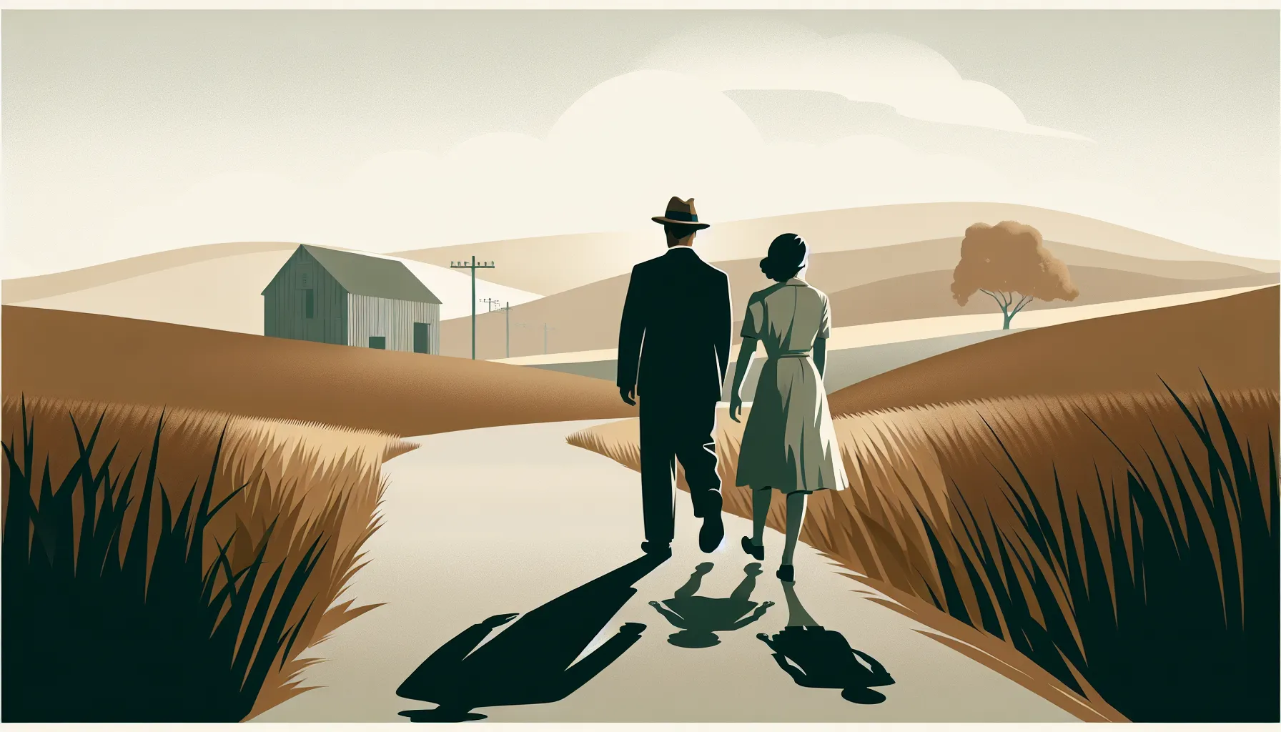 Two men walking together on a rural path in 1930s California landscape