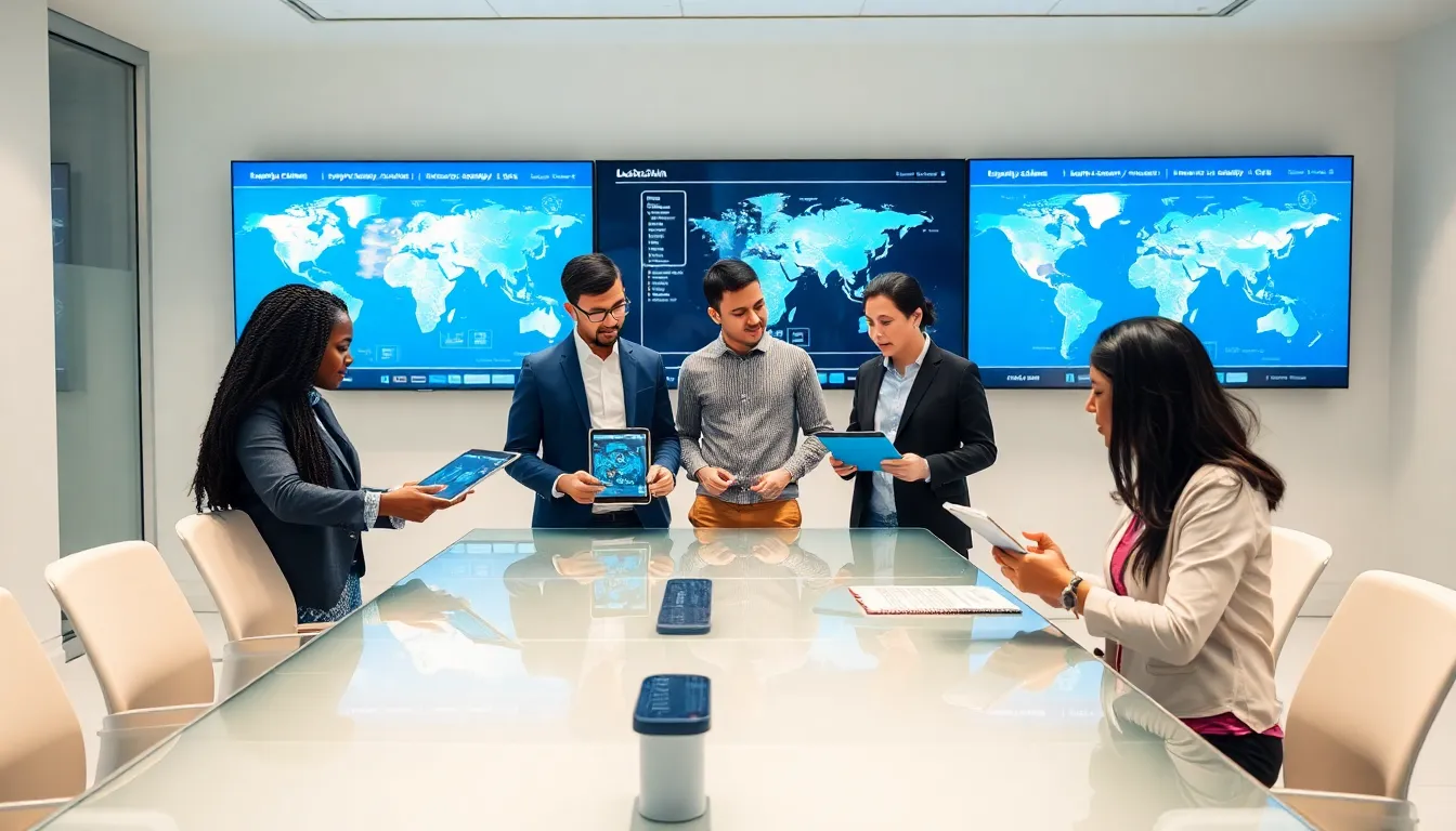 professionals discussing blockchain technology in a modern office.