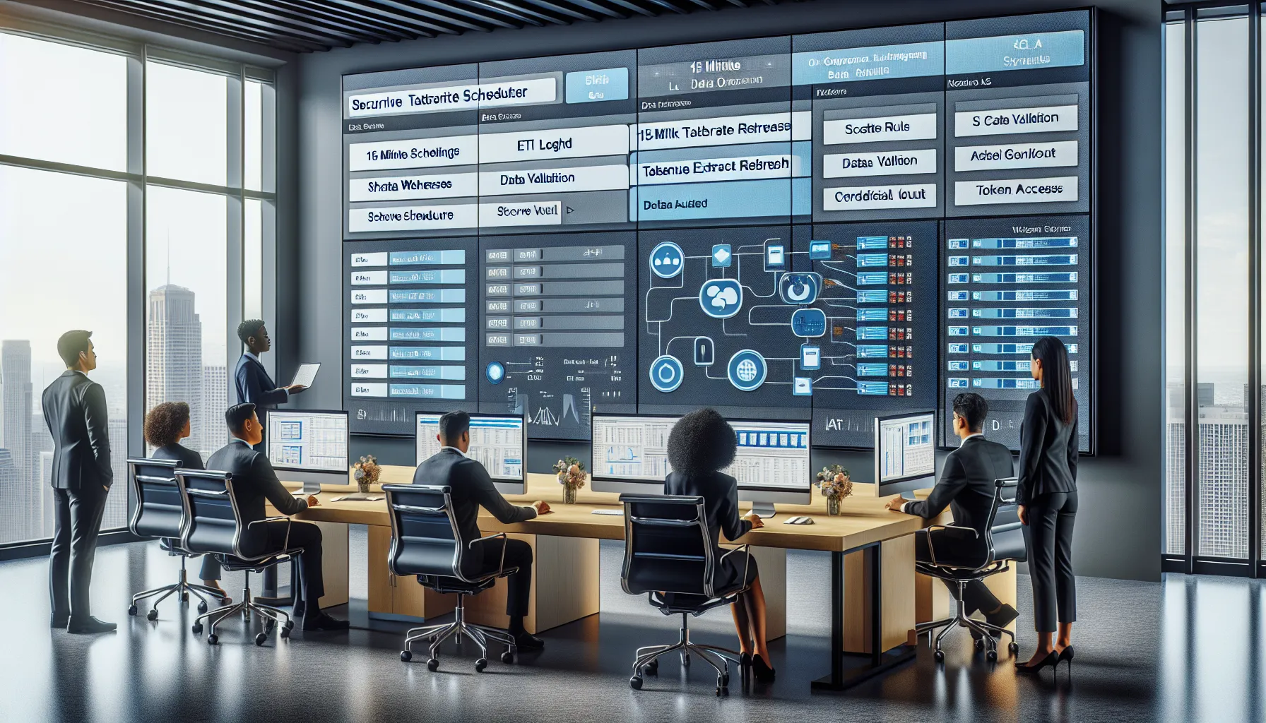 Data engineers using an enterprise scheduler to orchestrate secure 15-minute Tableau refreshes.