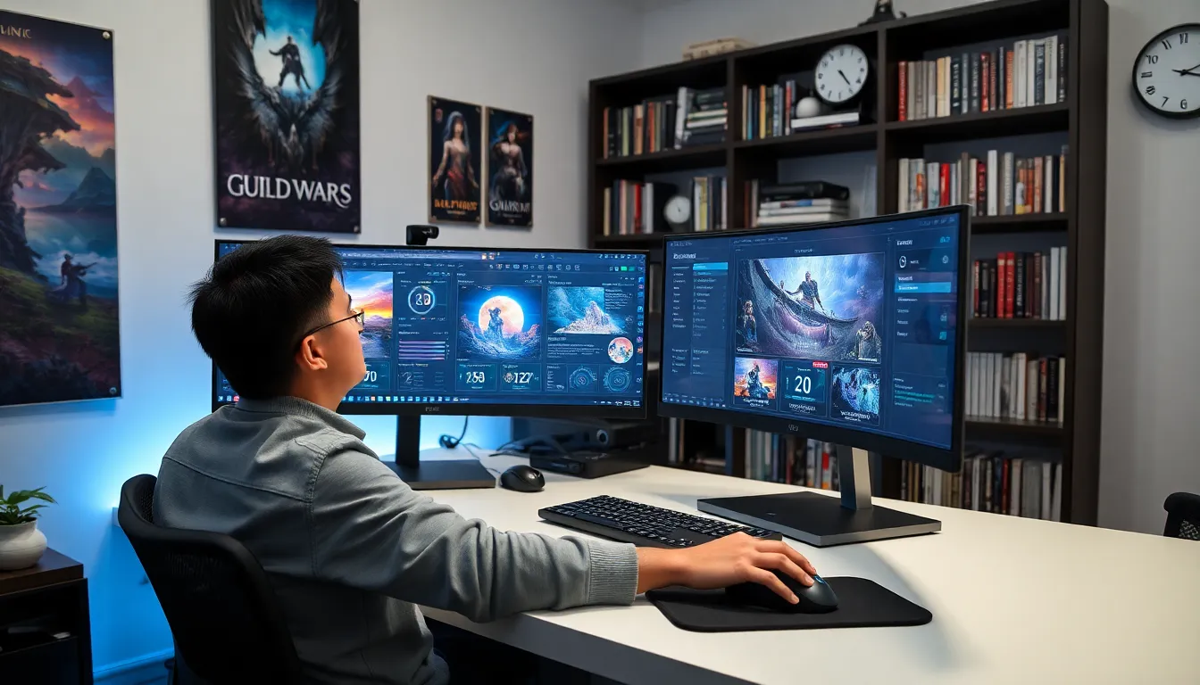 gamer analyzing Guild Wars 2 strategies at a modern desk.