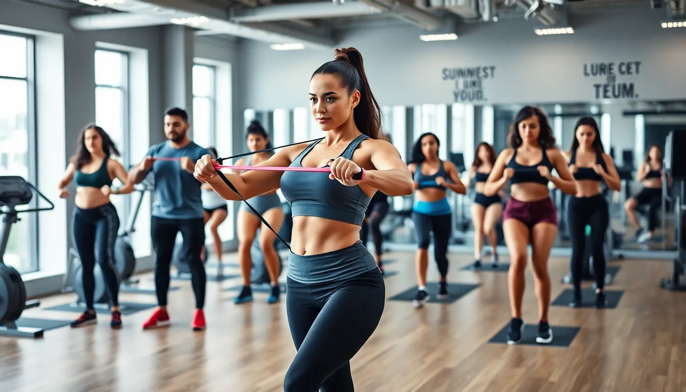 diverse group exercising in a modern gym setting.