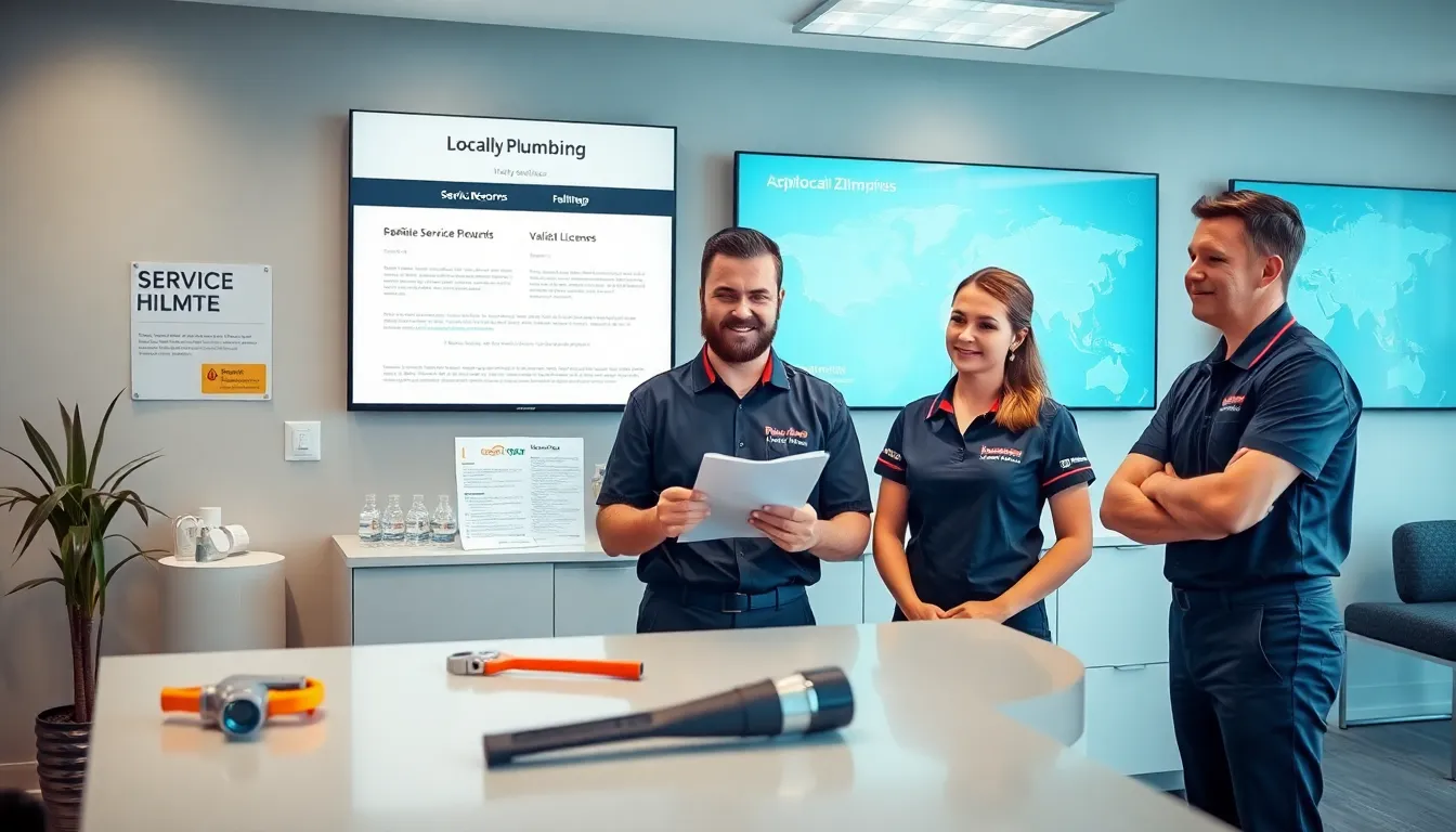 Professional plumbers consulting with a business owner in a modern office.