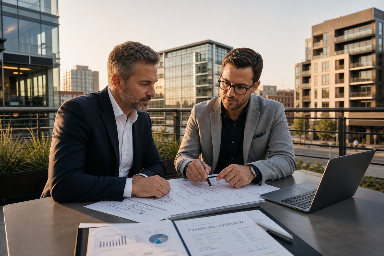 Mortgage advisor and business owner reviewing plans on a terrace overlooking modern commercial buildings at golden hour.