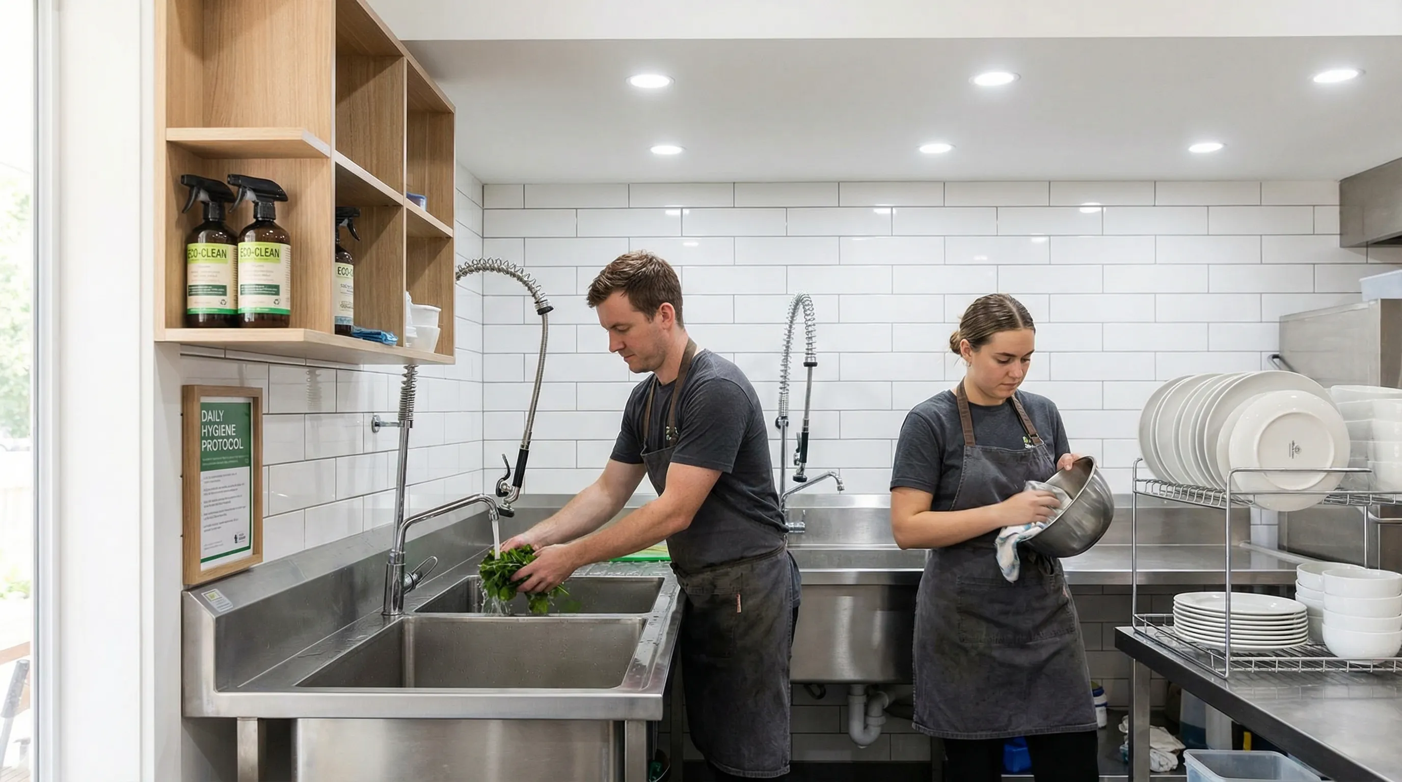 Staff cleaning at a spotless stainless steel sink in a modern café kitchen.