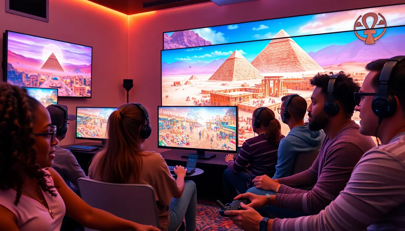 diverse gamers enjoying an Ancient Egypt-themed video game.