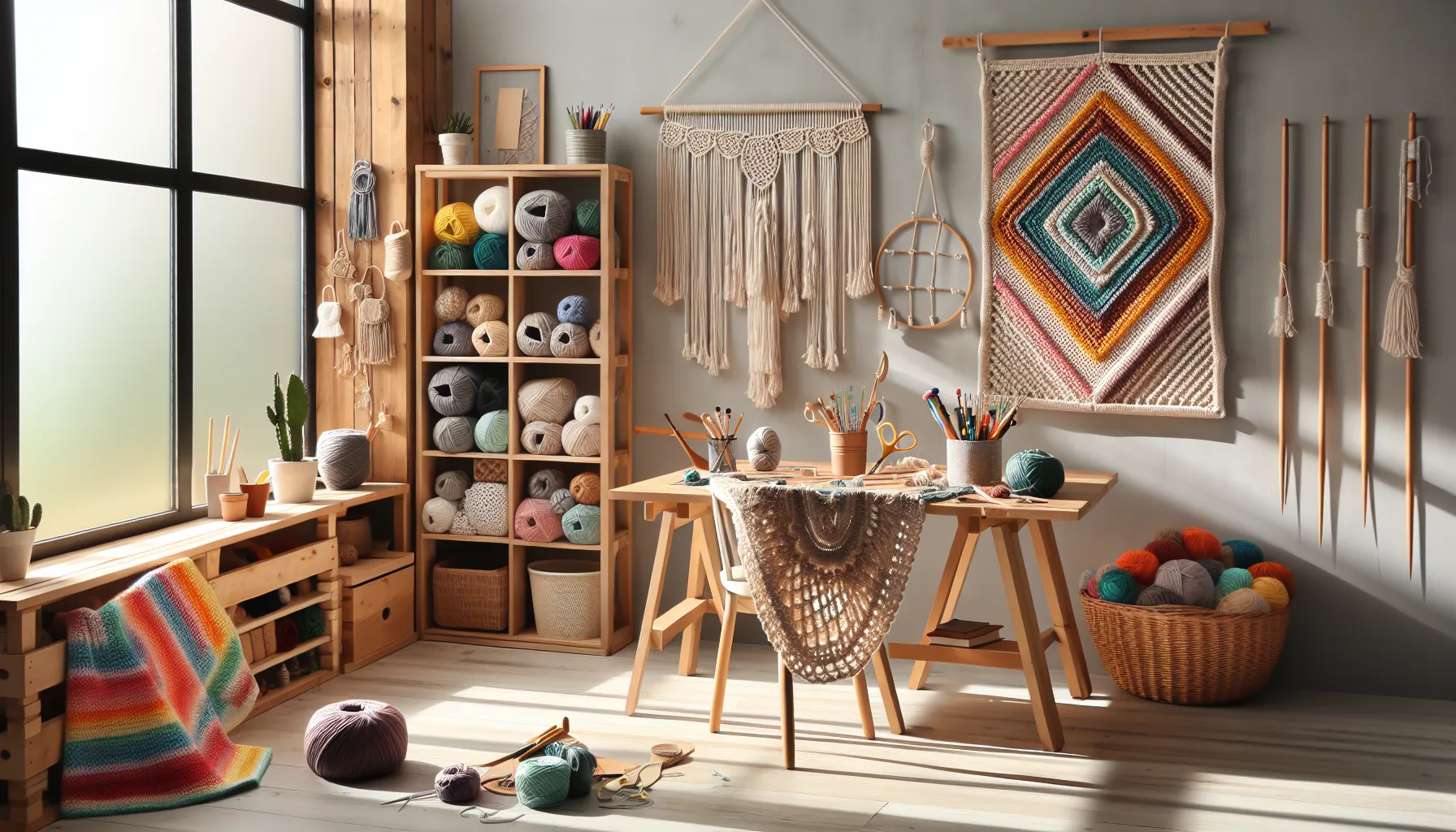 A craft studio displaying tools and creations for macrame and crochet side by side.