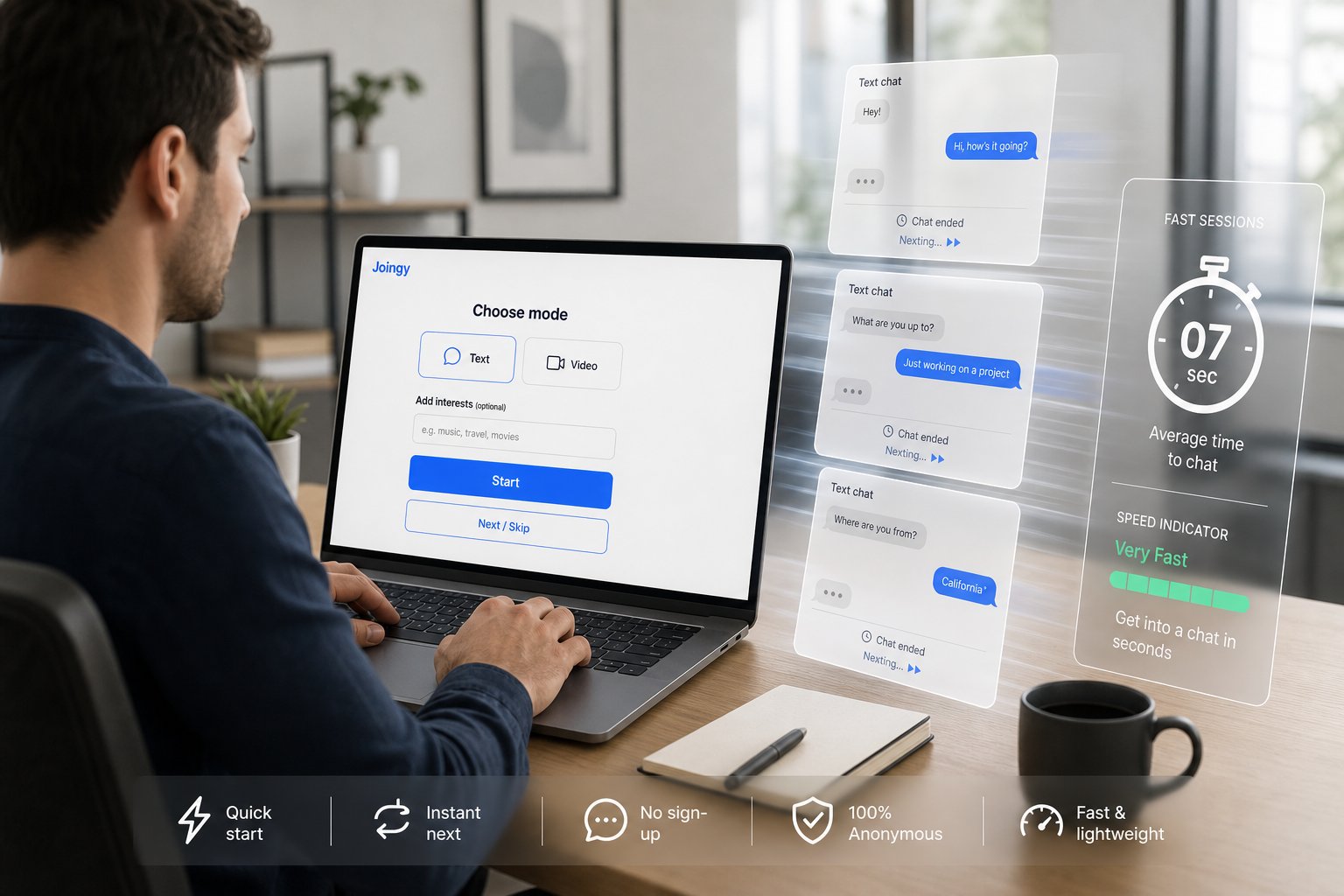 Professional using a minimalist random chat interface with prominent next/skip controls.
