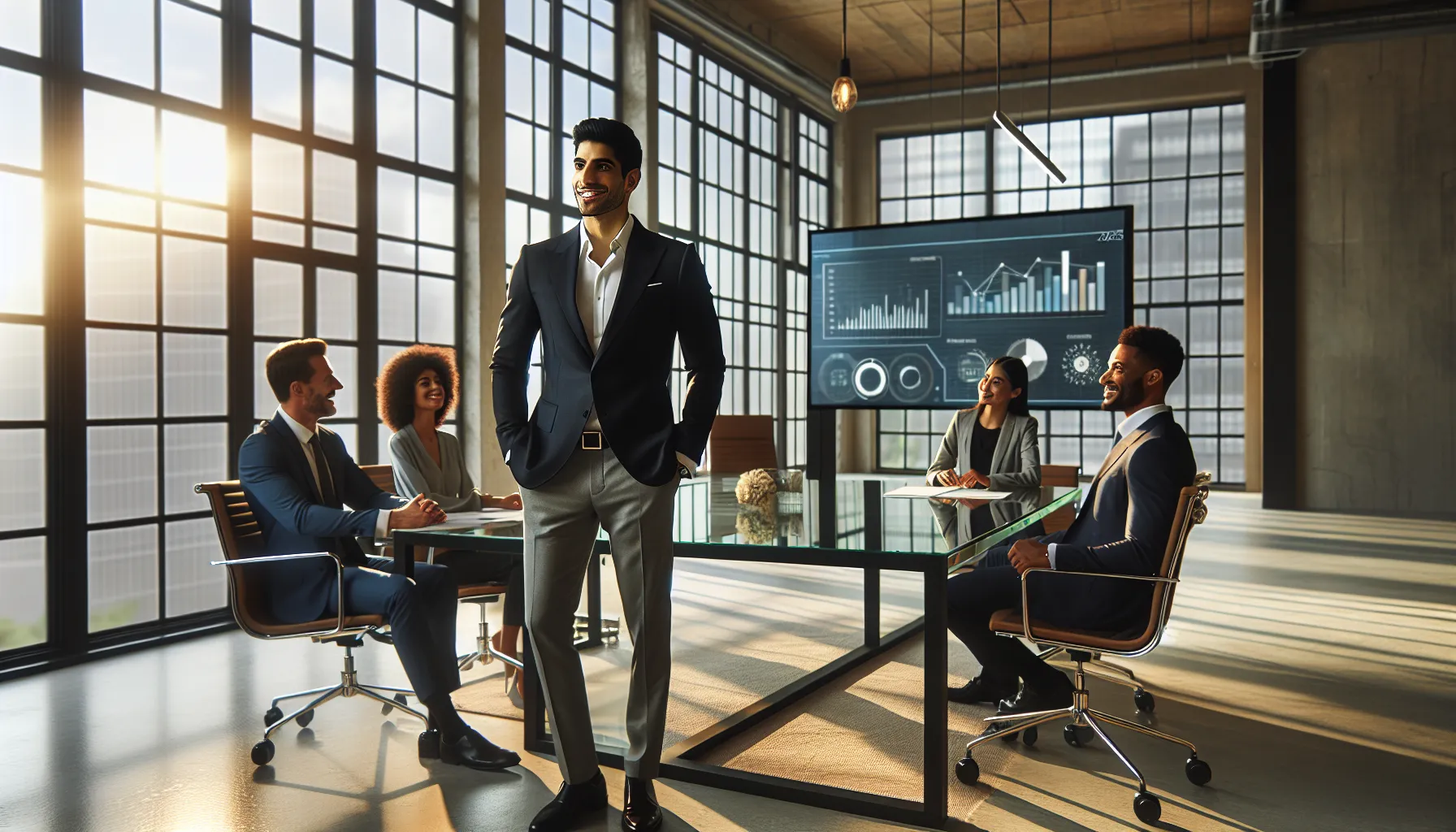 محمد عبدالسلام leading a discussion in a modern office.
