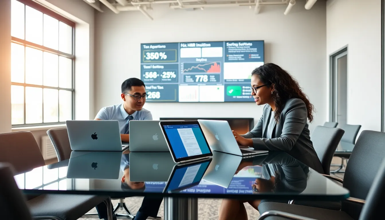 diverse professionals collaborating with H&R Block software in a modern office.