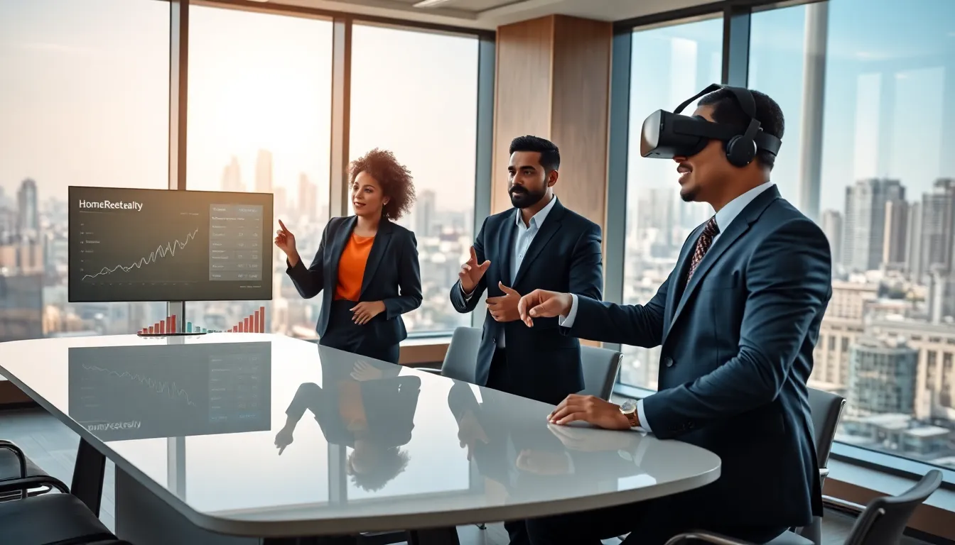 a diverse team discussing real estate tech in a modern office.
