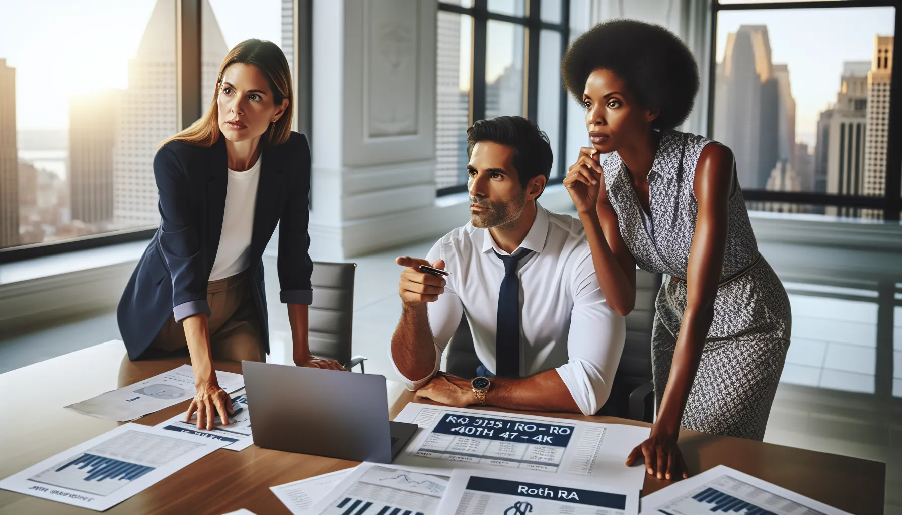 financial advisors discussing Roth IRA and 401(k) comparisons in a modern office.