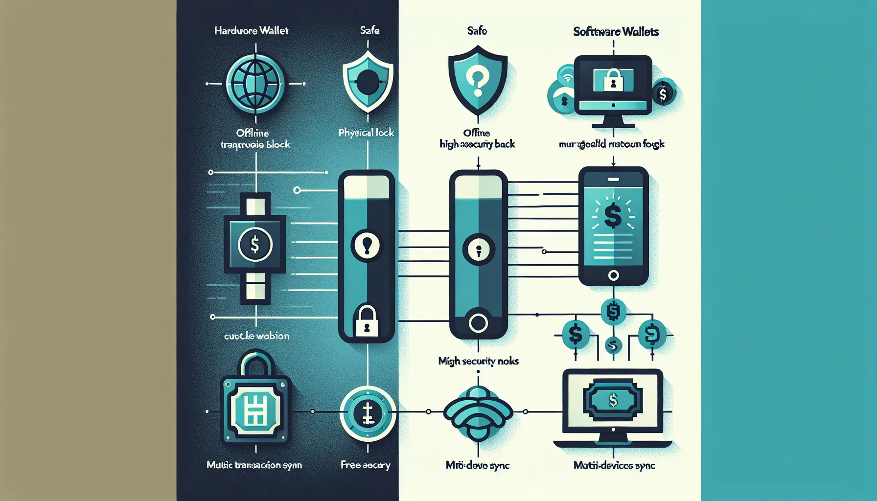 Comparison infographic of hardware wallets versus software wallets security and features.