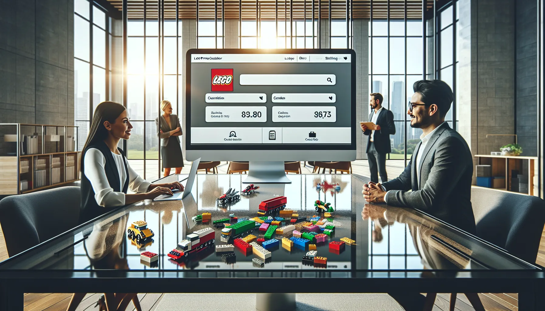 professionals discussing a Lego price calculator in a modern office.