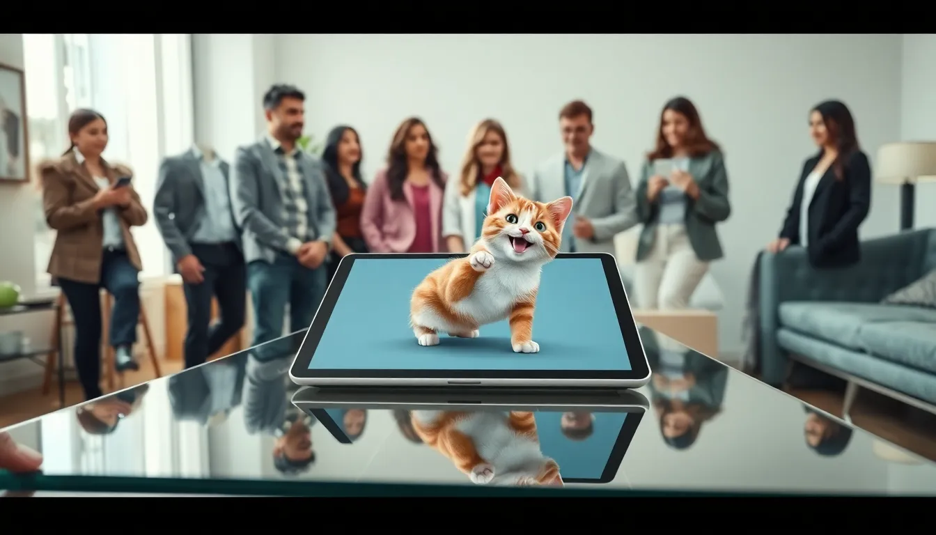 A user interacting with a virtual cat on a tablet in a modern room.