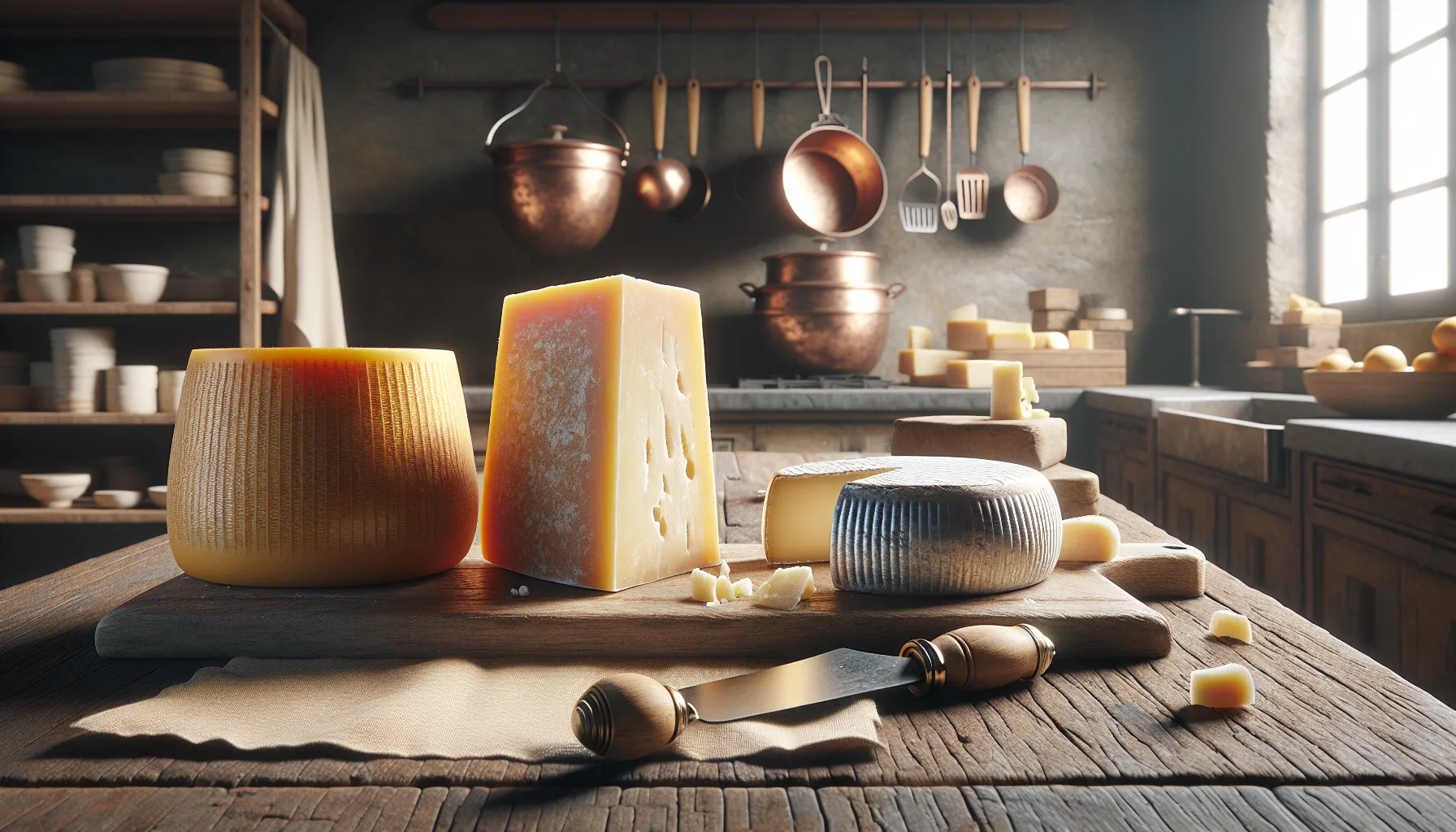 A comparison of Parmigiano-Reggiano and Pecorino Romano cheeses in a rustic kitchen.
