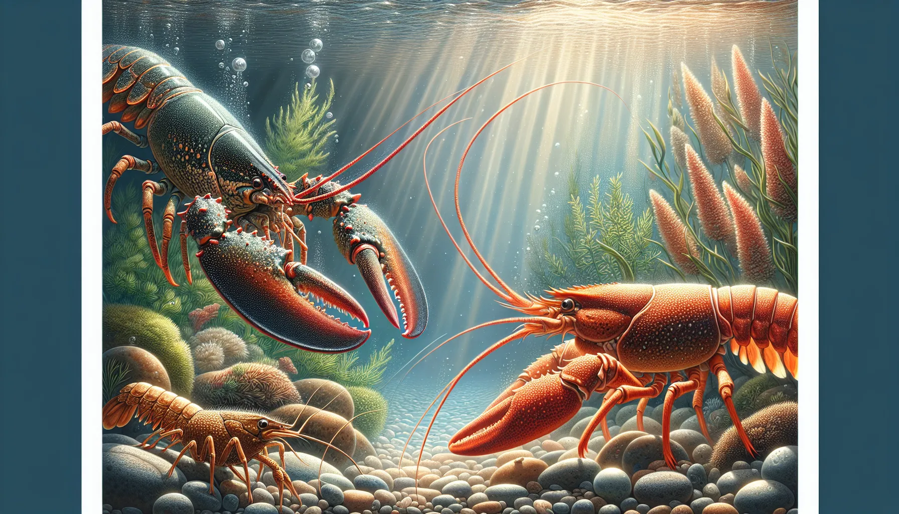 Comparison of a lobster and a crayfish underwater in their natural habitats.