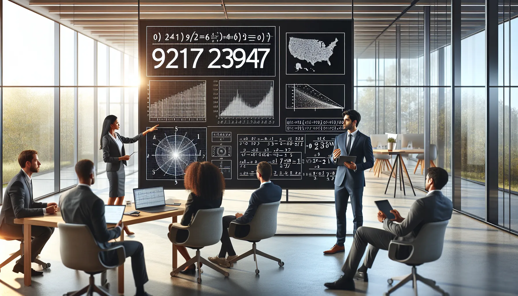 diverse team analyzing mathematical properties of a number in a modern office.
