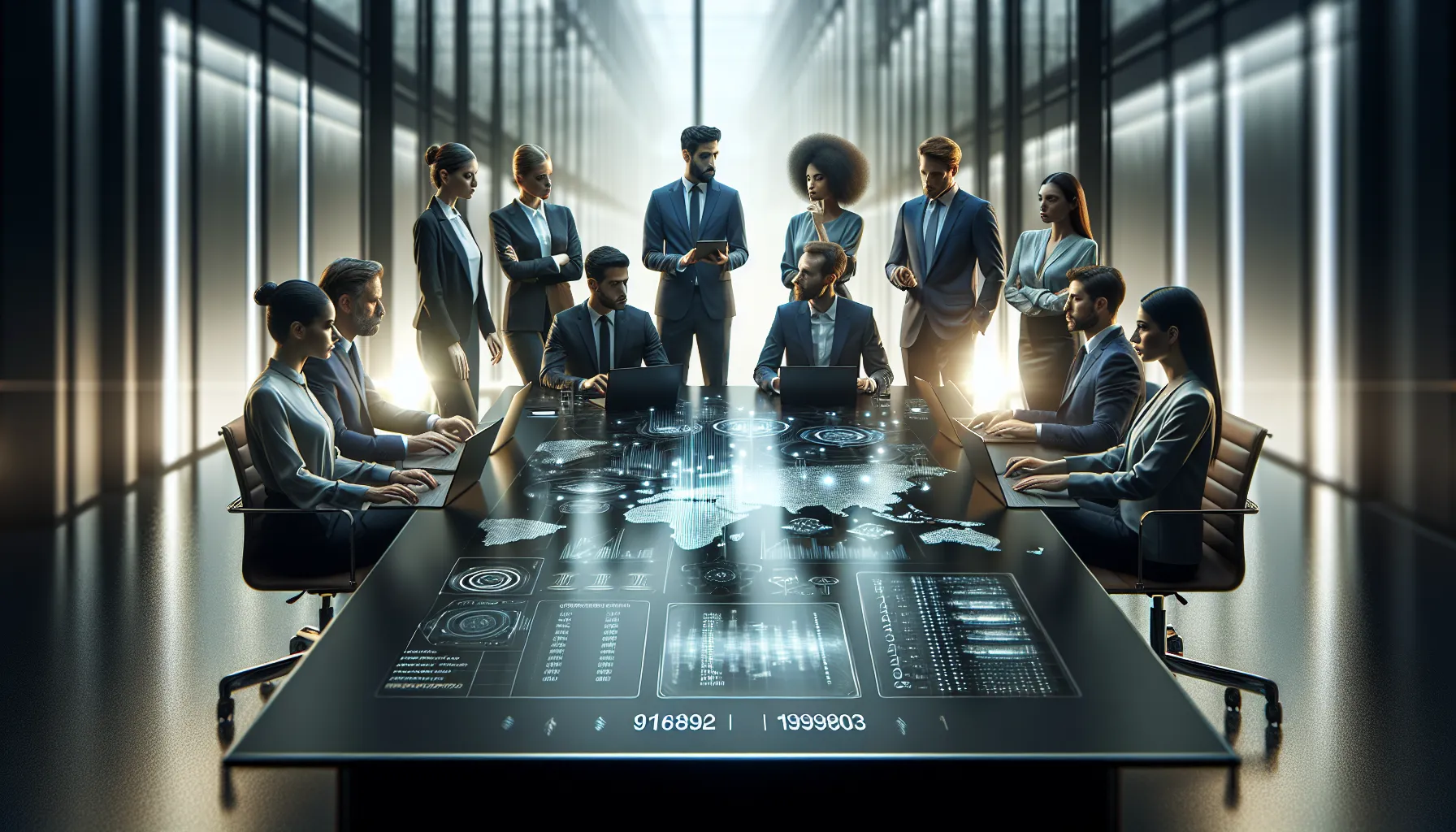 diverse team discussing telecommunications data in a modern office.