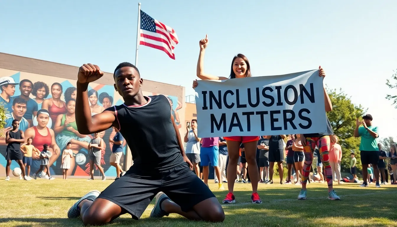 Athletes in an urban park rallying for social justice and inclusivity.