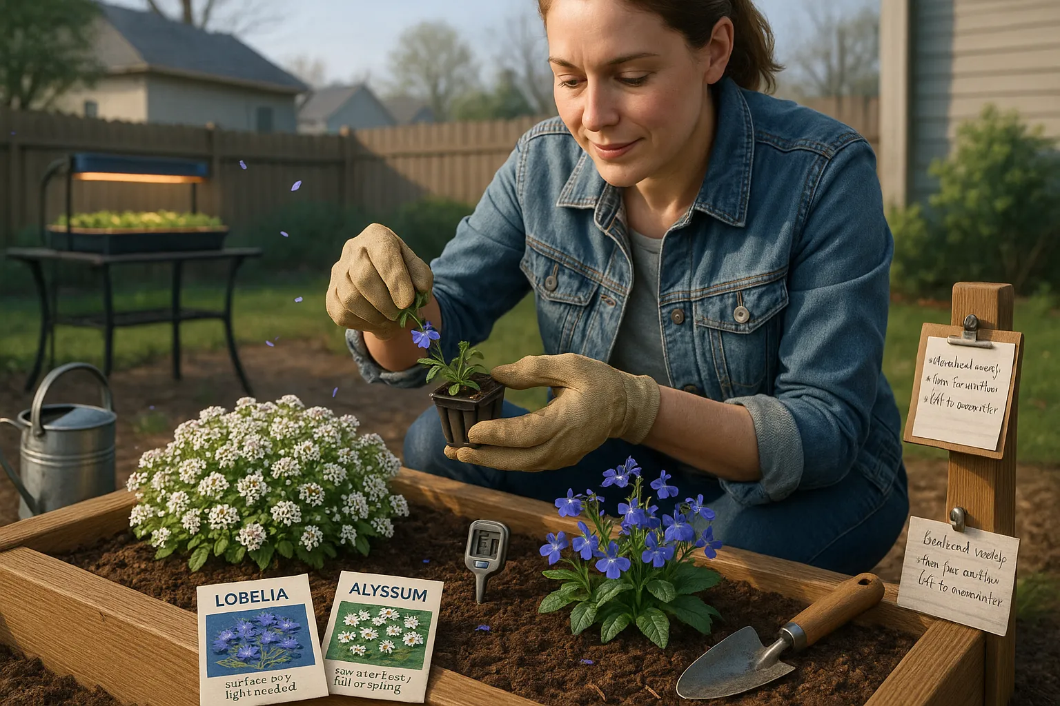 Gardener pinching lobelia beside blooming alyssum in a raised bed.