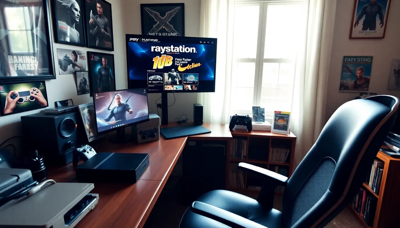 A gaming setup featuring a PlayStation console and gaming memorabilia.