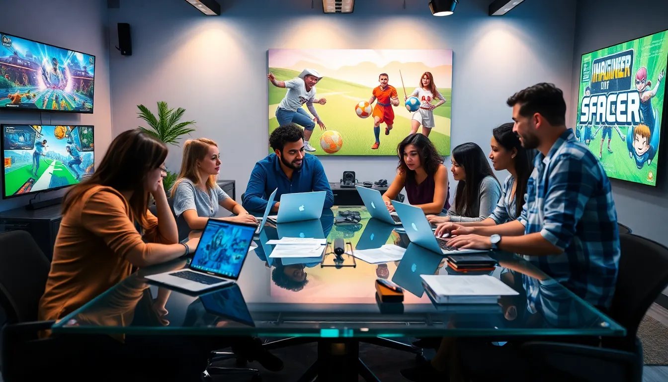 diverse team collaborating in a modern gaming studio.