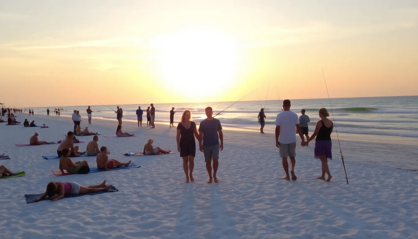 scenic view of Front Beach with diverse visitors enjoying the sunset.