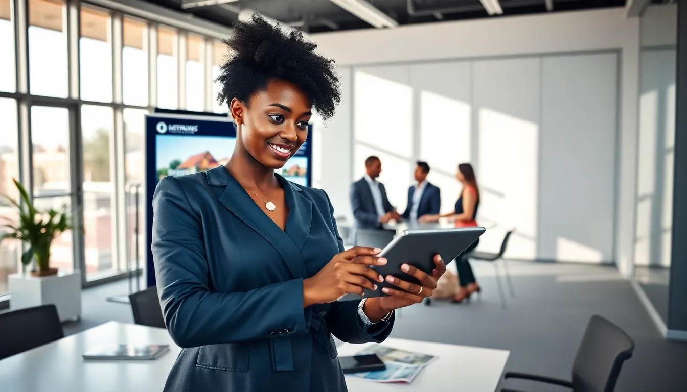a real estate agent using technology in a modern office environment.