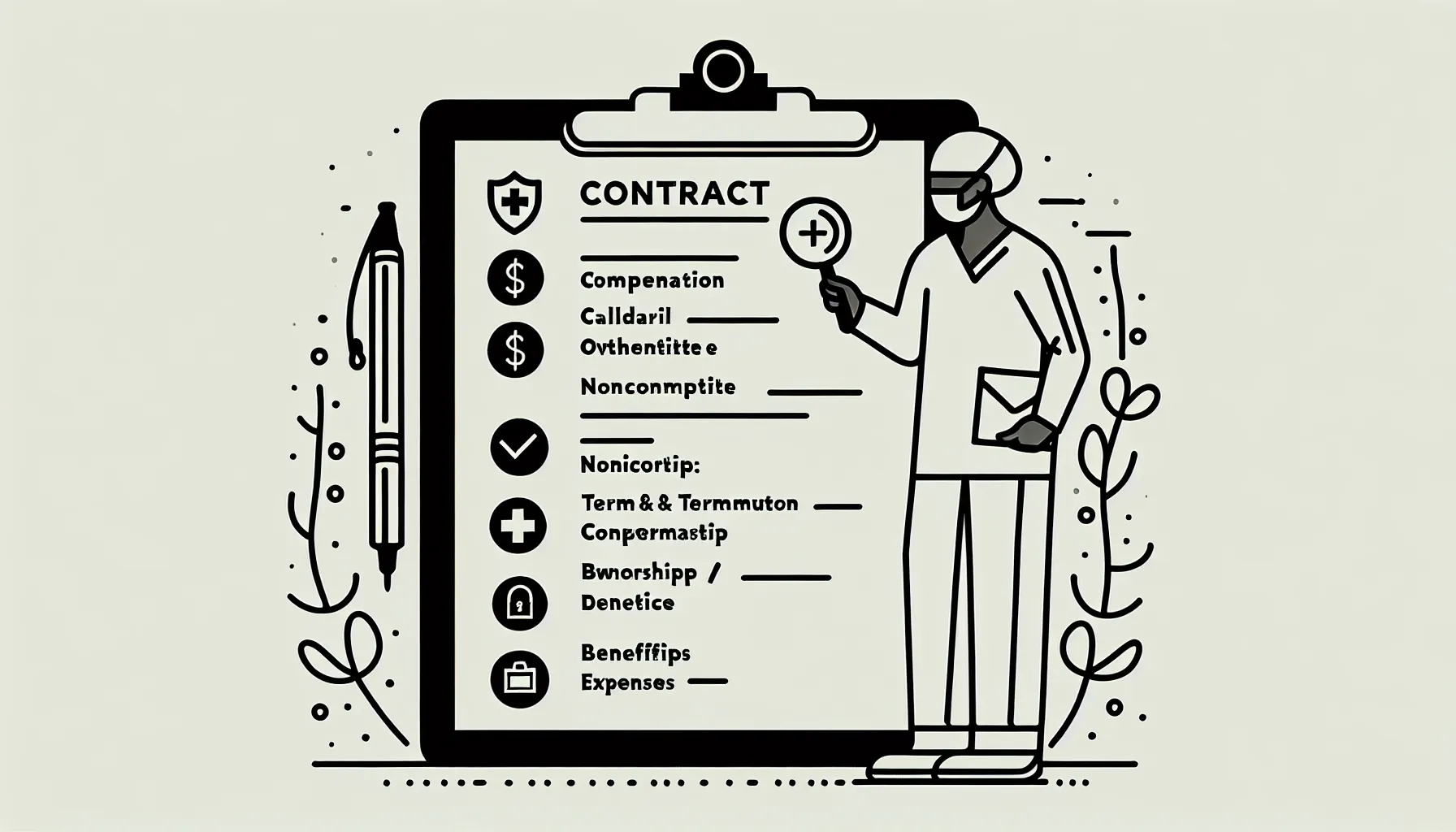 Dental associate examining a contract checklist with icons and NJ outline of New Jersey Dental Contract Review.