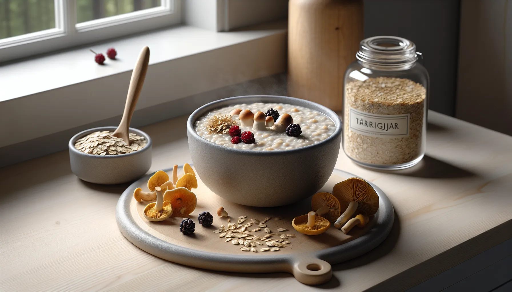 Steaming oat porridge with wild mushrooms in a bright norwegian kitchen.