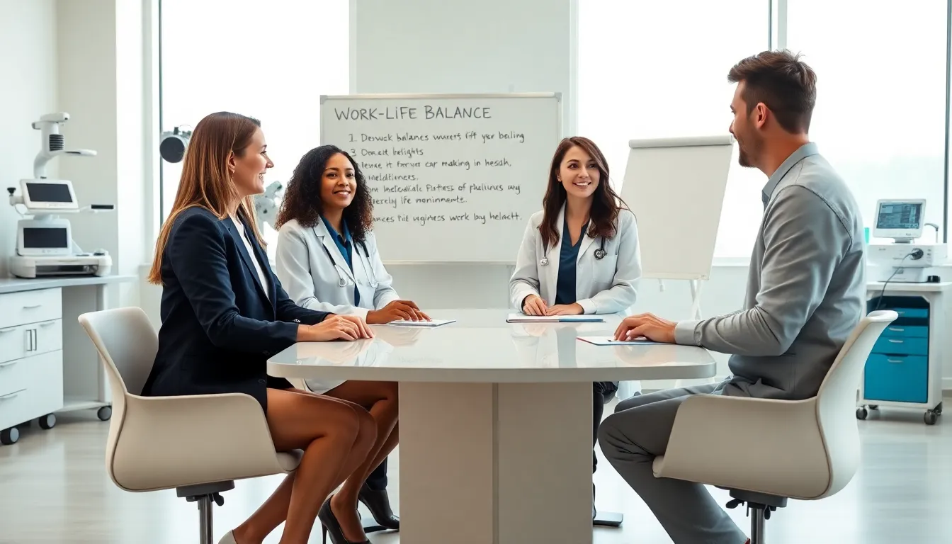 diverse healthcare team discussing work-life balance in a modern office.