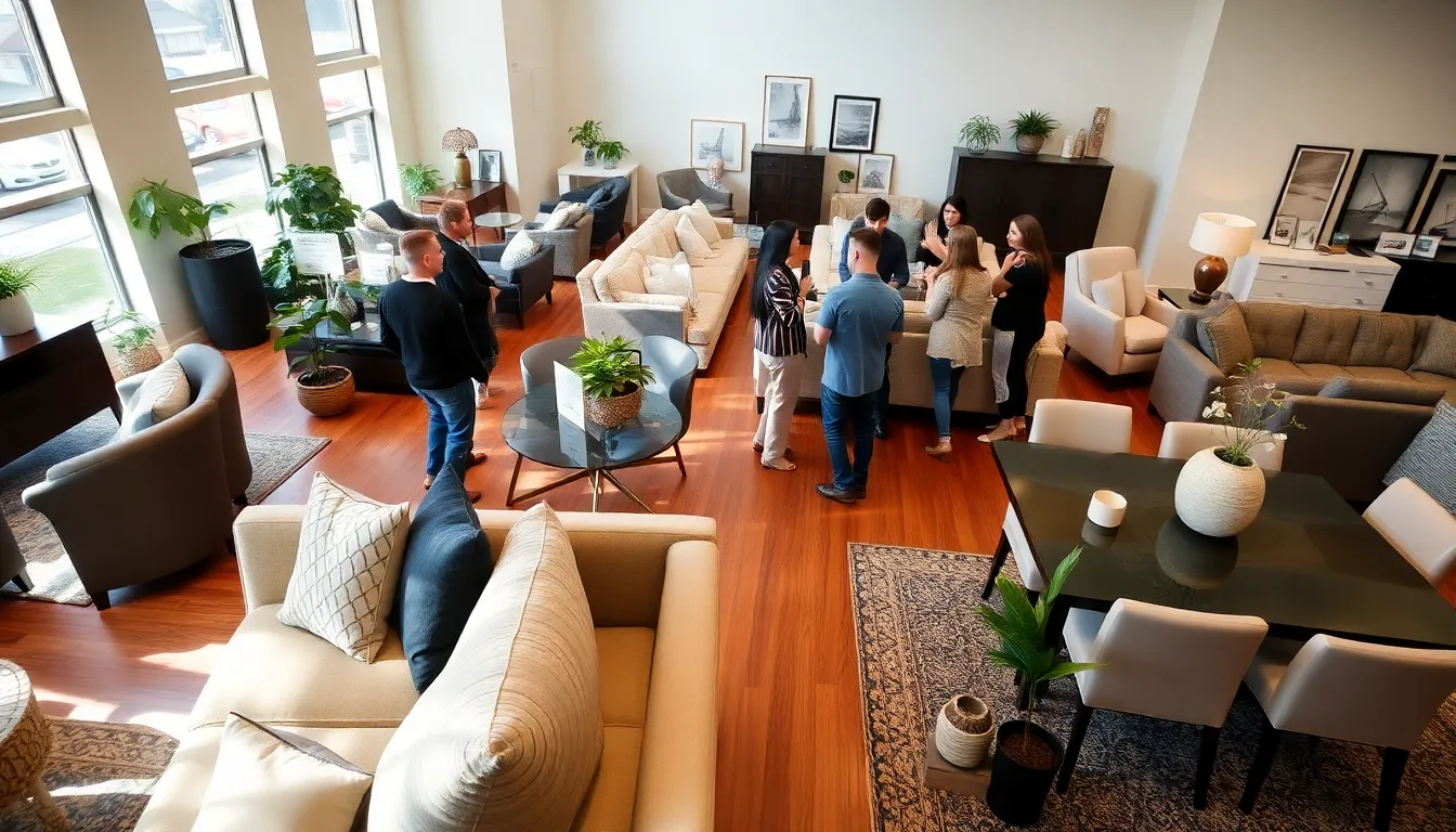 Bob's Furniture showroom with a variety of stylish furnishings and engaged customers.