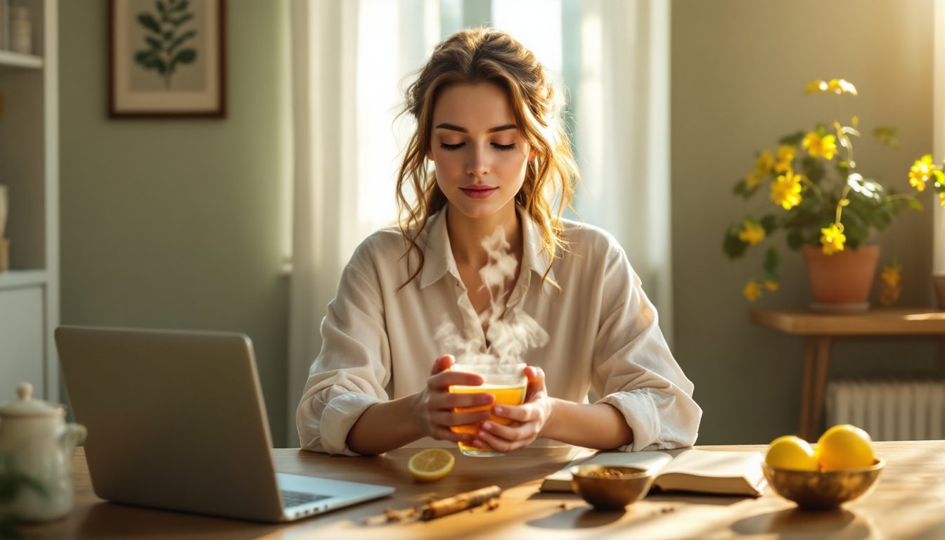 A woman pausing to sip warm water in soft morning light at her kitchen table.