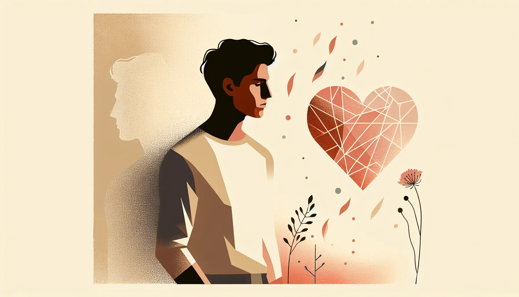 Young man's silhouette with fragmented heart symbol representing first love and personal growth